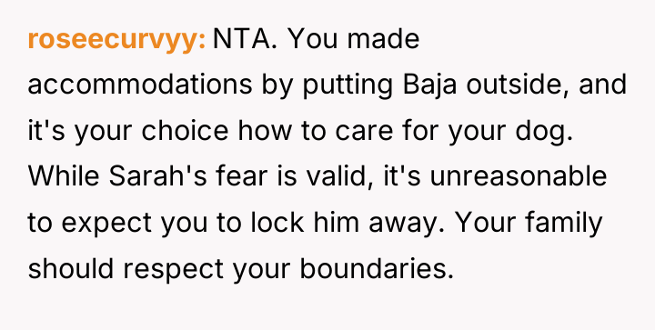 roseecurvyy NTA. You made accommodations by putting Baja outside, and...