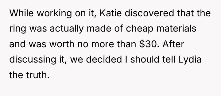 While working on it, Katie discovered that the ring was...