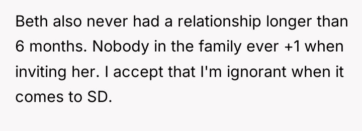 Beth also never had a relationship longer than 6 months....