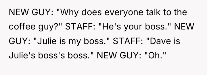 NEW GUY: "Why does everyone talk to the coffee guy?"...