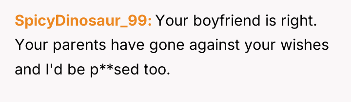 SpicyDinosaur_99 Your boyfriend is right. Your parents have gone against...