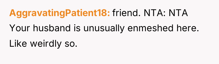 AggravatingPatient18 friend. NTA: NTA Your husband is unusually enmeshed here....