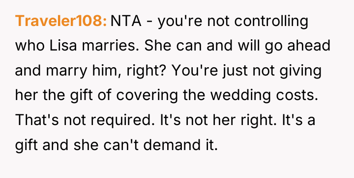 Traveler108 NTA - you're not controlling who Lisa marries. She...