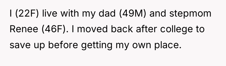 I (22F) live with my dad (49M) and stepmom Renee...