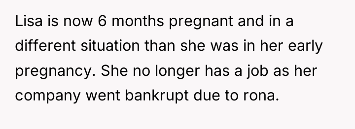 Lisa is now 6 months pregnant and in a different...