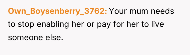 Own_Boysenberry_3762 Your mum needs to stop enabling her or pay...