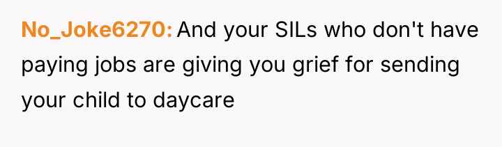No_Joke6270 And your SILs who don't have paying jobs are...