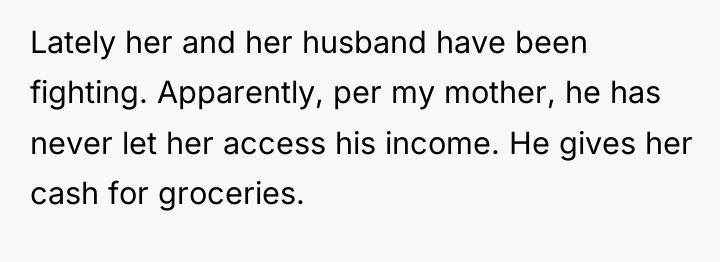 Lately her and her husband have been fighting. Apparently, per...