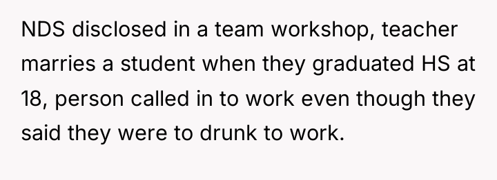 NDS disclosed in a team workshop, teacher marries a student...