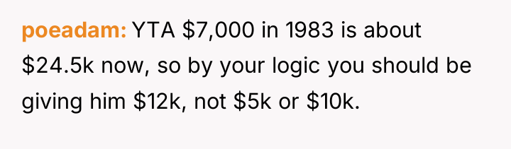 poeadam YTA $7,000 in 1983 is about $24.5k now, so...