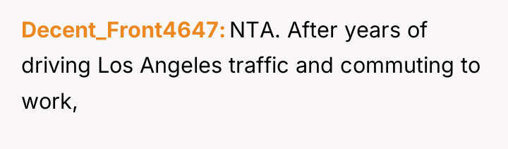 Decent_Front4647 NTA. After years of driving Los Angeles traffic and...