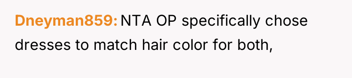 Dneyman859 NTA OP specifically chose dresses to match hair color...