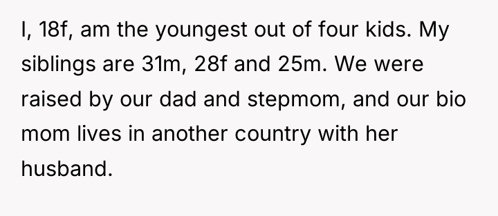 I, 18f, am the youngest out of four kids. My...