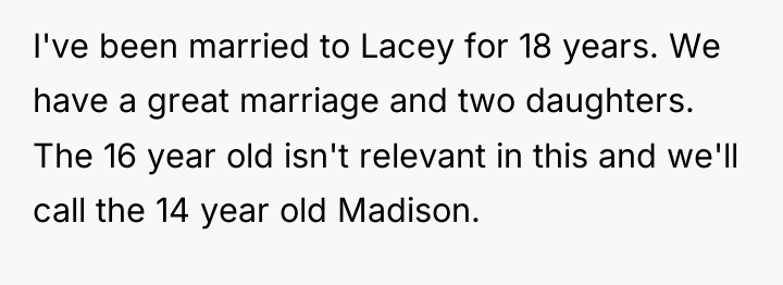 I've been married to Lacey for 18 years. We have...