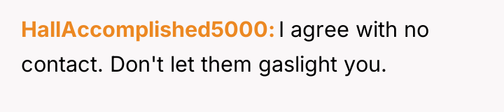 HallAccomplished5000 I agree with no contact. Don't let them gaslight...