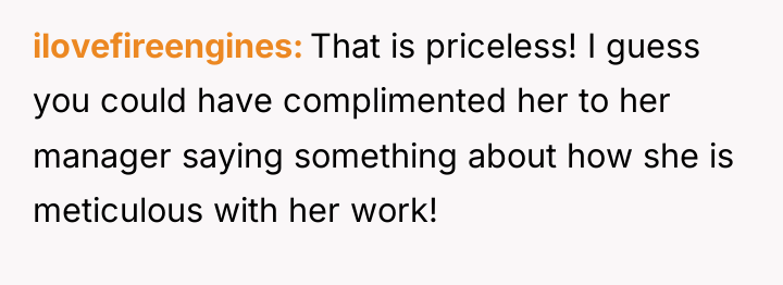 ilovefireengines That is priceless! I guess you could have complimented...