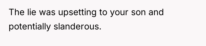 The lie was upsetting to your son and potentially slanderous.