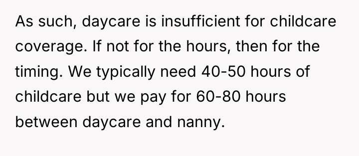 As such, daycare is insufficient for childcare coverage. If not...