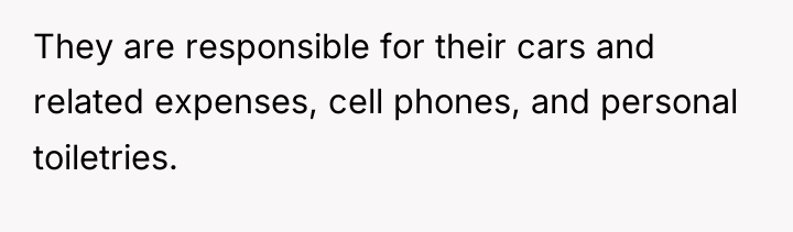 They are responsible for their cars and related expenses, cell...