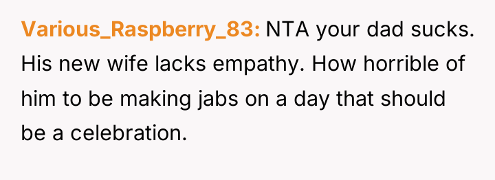 Various_Raspberry_83 NTA your dad sucks. His new wife lacks empathy....