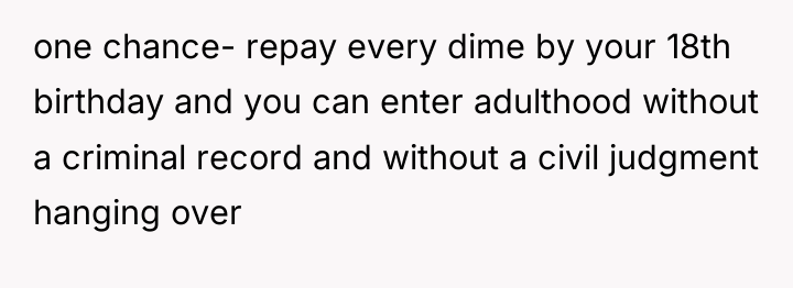 one chance- repay every dime by your 18th birthday and...