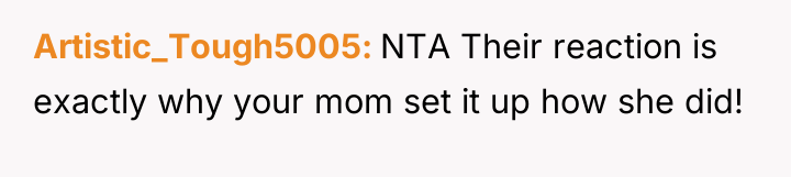 Artistic_Tough5005 NTA Their reaction is exactly why your mom set...