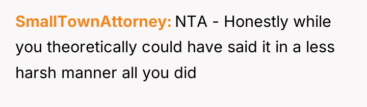 SmallTownAttorney NTA - Honestly while you theoretically could have said...