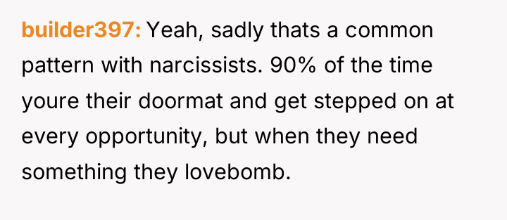 builder397 Yeah, sadly thats a common pattern with narcissists. 90%...