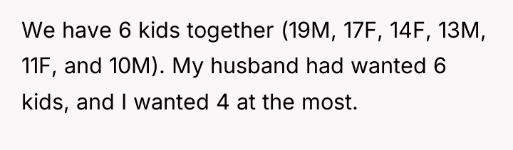 We have 6 kids together (19M, 17F, 14F, 13M, 11F,...