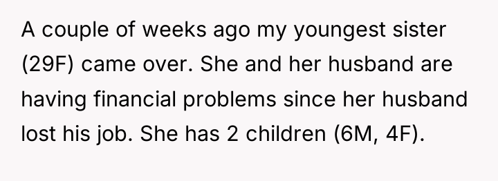 A couple of weeks ago my youngest sister (29F) came...