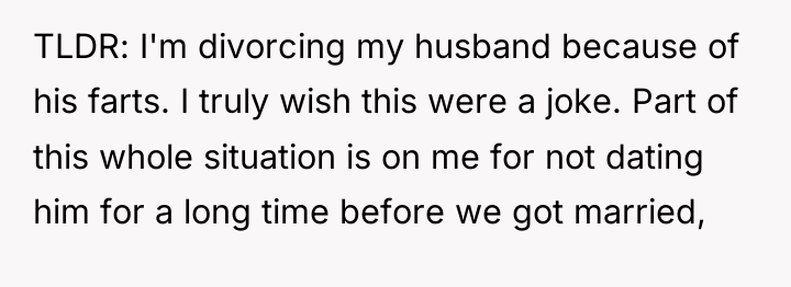 TLDR: I'm divorcing my husband because of his farts. I...