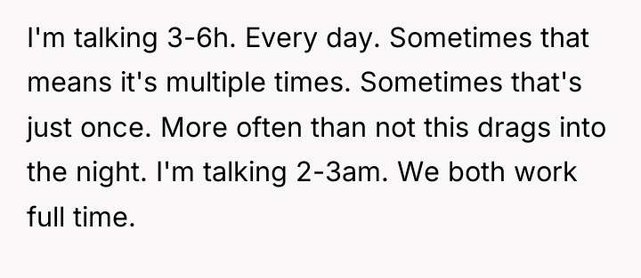 I'm talking 3-6h. Every day. Sometimes that means it's multiple...