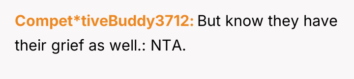 Compet*tiveBuddy3712 But know they have their grief as well.: NTA.