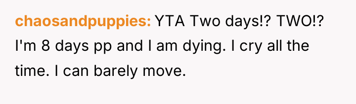 chaosandpuppies YTA Two days!? TWO!? I'm 8 days pp and...