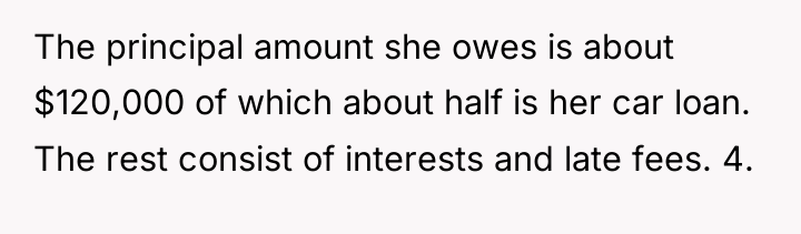The principal amount she owes is about $120,000 of which...