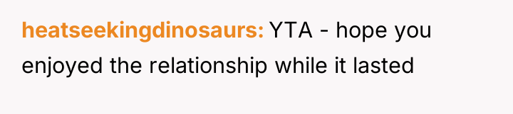 heatseekingdinosaurs YTA - hope you enjoyed the relationship while it...