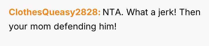 ClothesQueasy2828 NTA. What a jerk! Then your mom defending him!