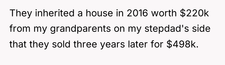 They inherited a house in 2016 worth $220k from my...