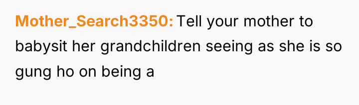 Mother_Search3350 Tell your mother to babysit her grandchildren seeing as...