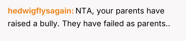 hedwigflysagain NTA, your parents have raised a bully. They have...