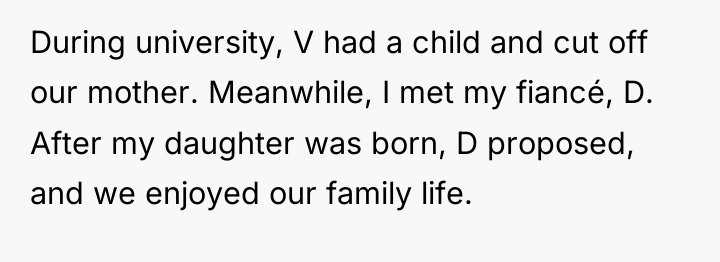 During university, V had a child and cut off our...