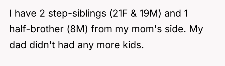 I have 2 step-siblings (21F & 19M) and 1 half-brother...