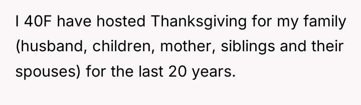 I 40F have hosted Thanksgiving for my family (husband, children,...