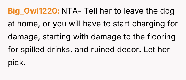 Big_Owl1220 NTA- Tell her to leave the dog at home,...