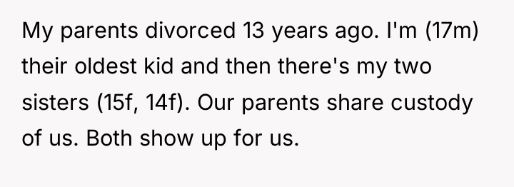 My parents divorced 13 years ago. I'm (17m) their oldest...