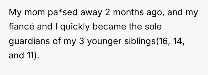 My mom pa*sed away 2 months ago, and my fiancé...