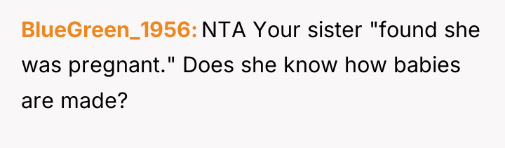 BlueGreen_1956 NTA Your sister "found she was pregnant." Does she...