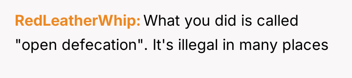 RedLeatherWhip What you did is called "open defecation". It's illegal...