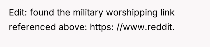 Edit: found the military worshipping link referenced above: https: //www.reddit.