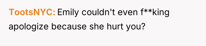 TootsNYC Emily couldn't even f**king apologize because she hurt you?